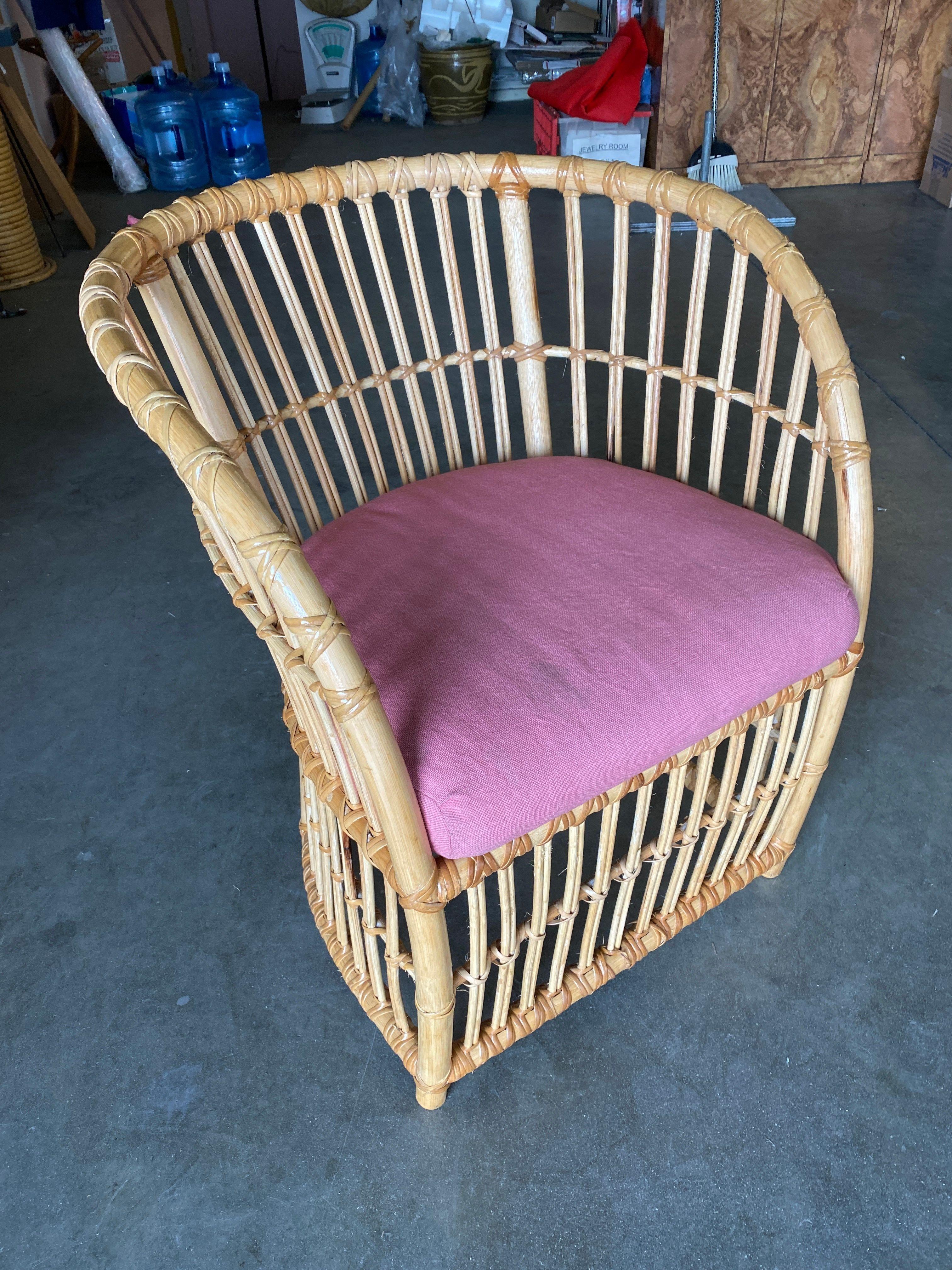 Restored Stick Rattan Spindle Barrel Armchair Dining Chair In Excellent Condition In Van Nuys, CA
