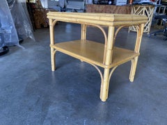 Restored Stick Rattan Two-Tier Coffee Table with Ribbed Glass Top