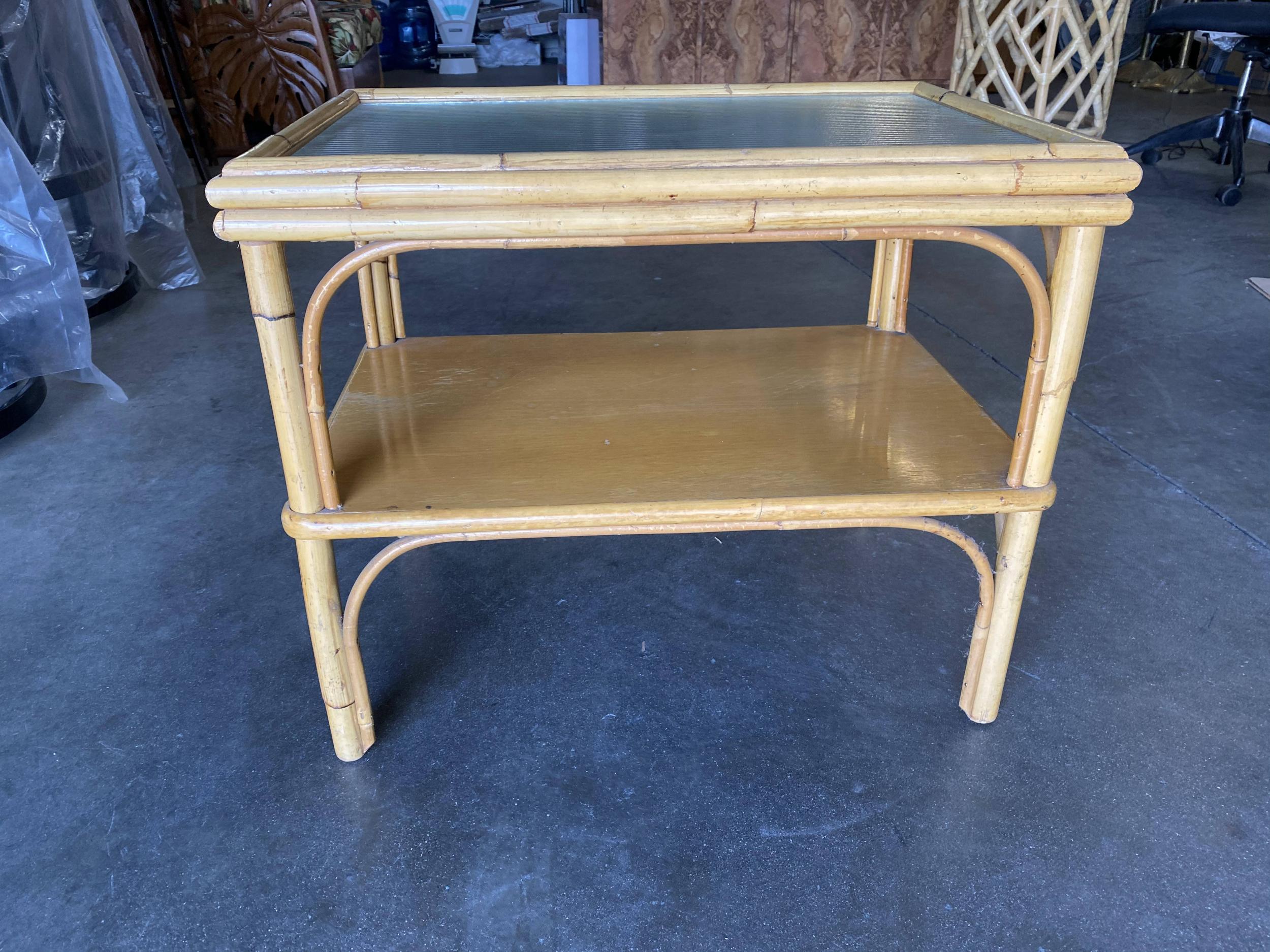 American Restored Stick Rattan Two-Tier Coffee Table with Ribbed Glass Top For Sale
