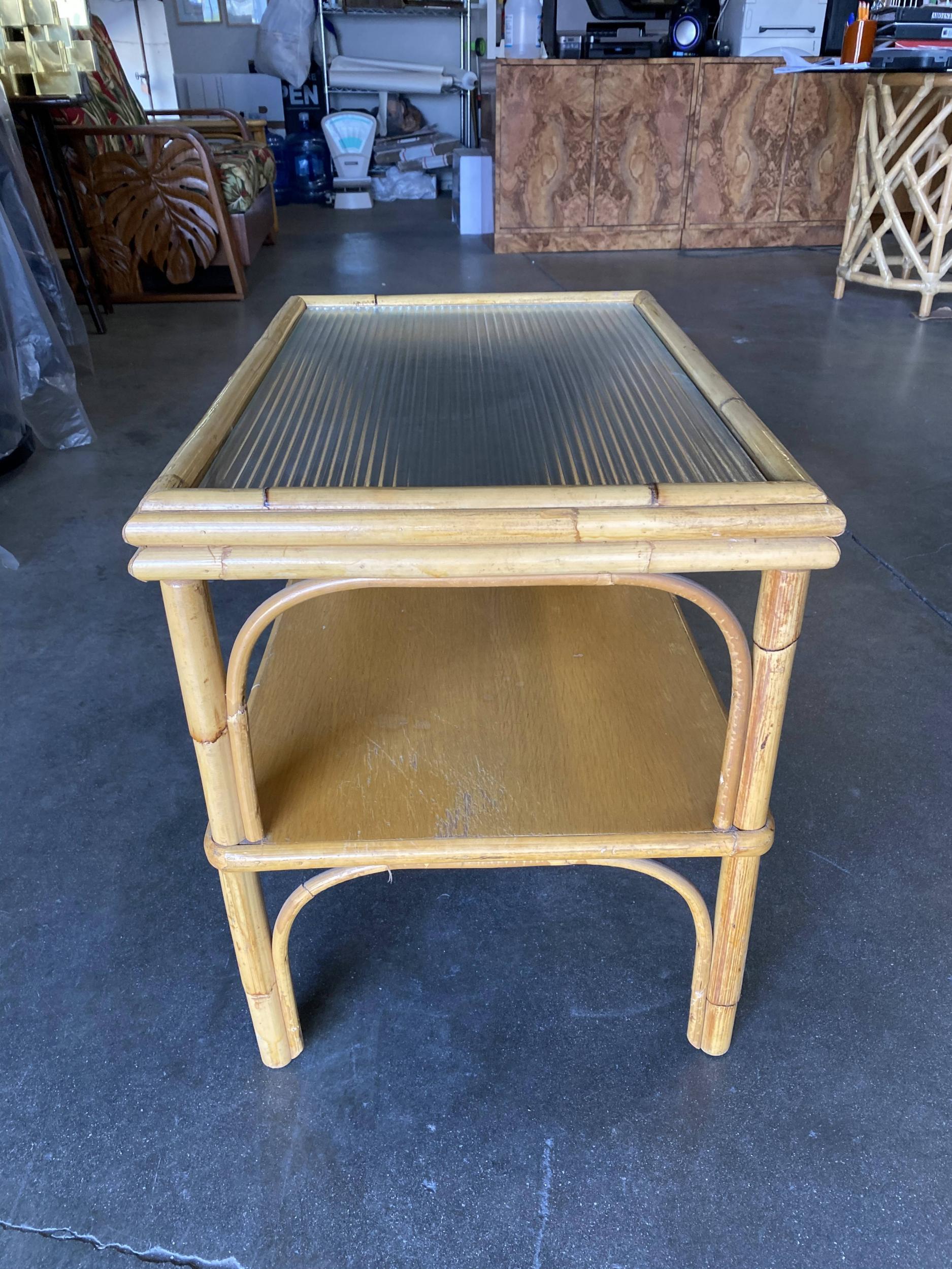 Restored Stick Rattan Two-Tier Coffee Table with Ribbed Glass Top In Excellent Condition For Sale In Van Nuys, CA
