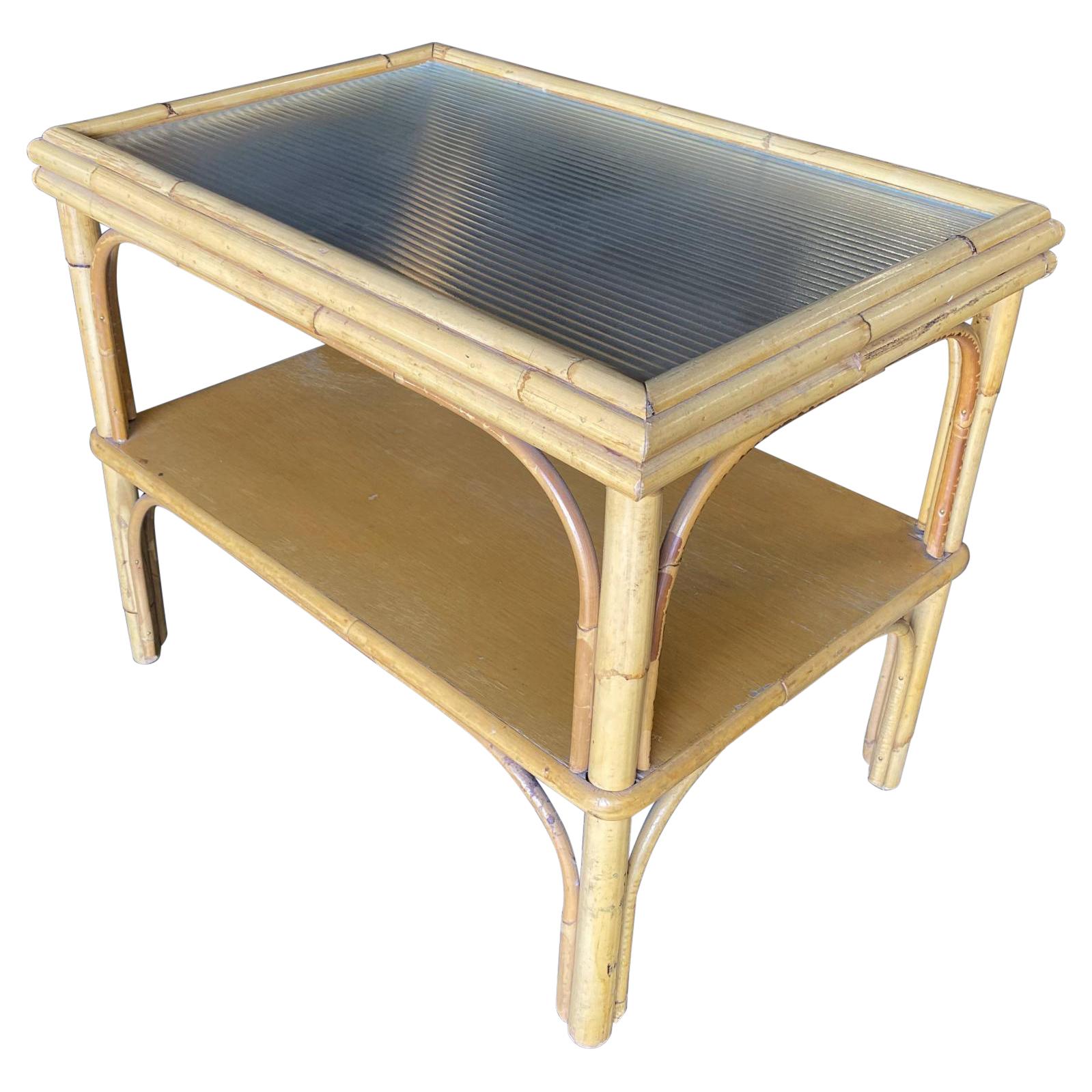 Restored Stick Rattan Two-Tier Coffee Table with Ribbed Glass Top For Sale