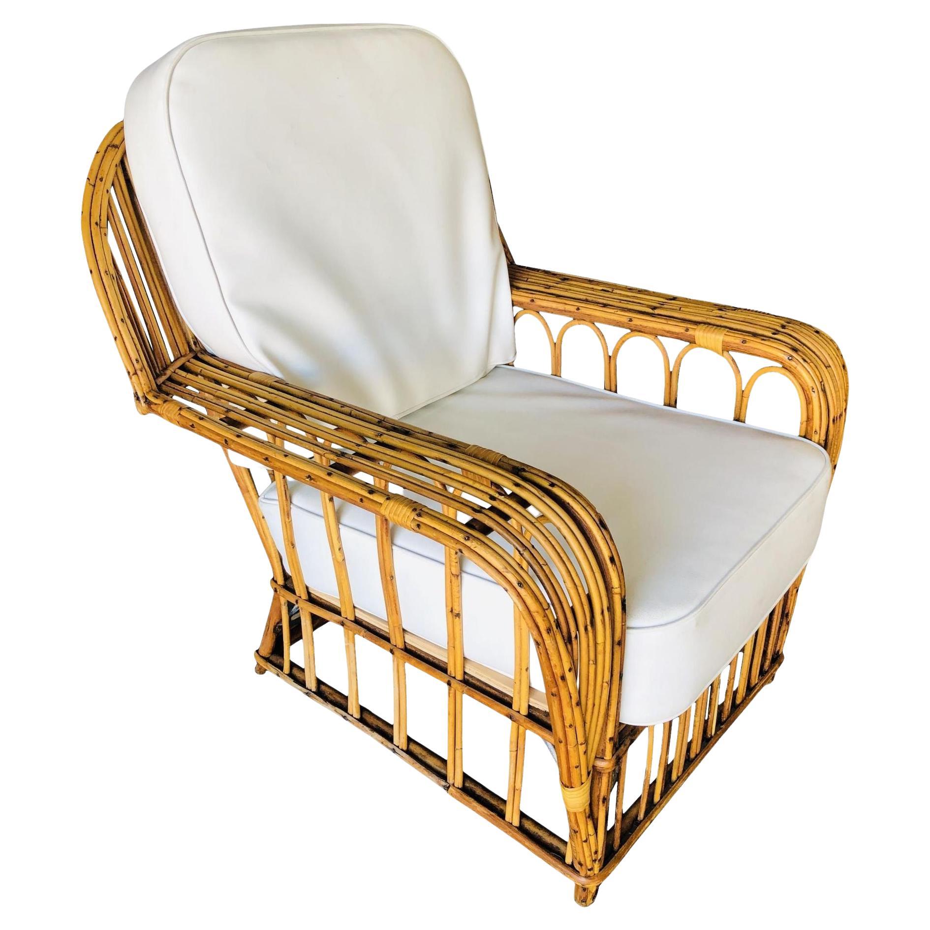 Restored Stick Reed Rattan Cathedral Arm Lounge Chair with Cobra Back For Sale