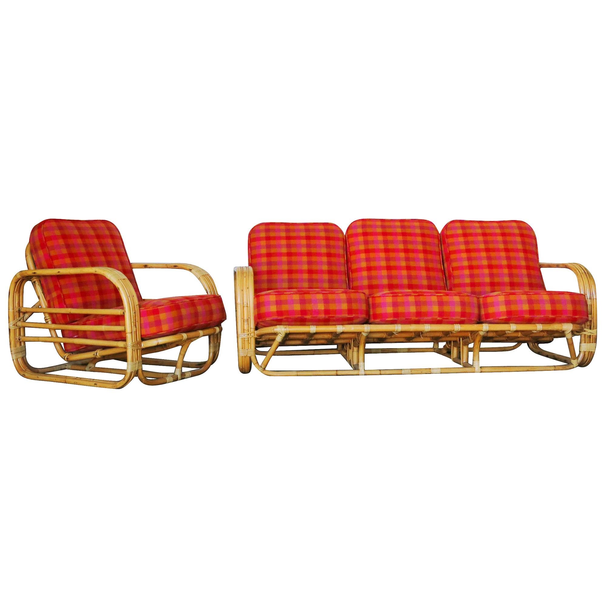 Restored Streamline Art Deco Rattan Living Room Set For Sale