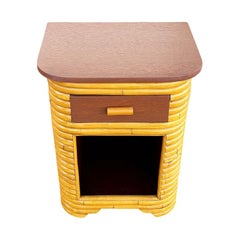 Restored Streamline Art Deco Stacked Rattan Bedside Table W/ Mahogany Top, Cubby