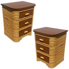 Restored Streamline Art Deco Stacked Rattan Bedside Table W/ Mahogany Top, Pair