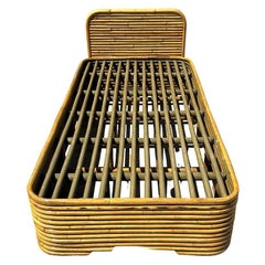 Restored Streamline Art Deco Stacked Rattan Single Size Bed Frame & Headboard