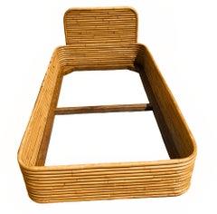 Restored Art Deco Stacked Rattan Twin Size Bed Frame &Headboard, 2 Available