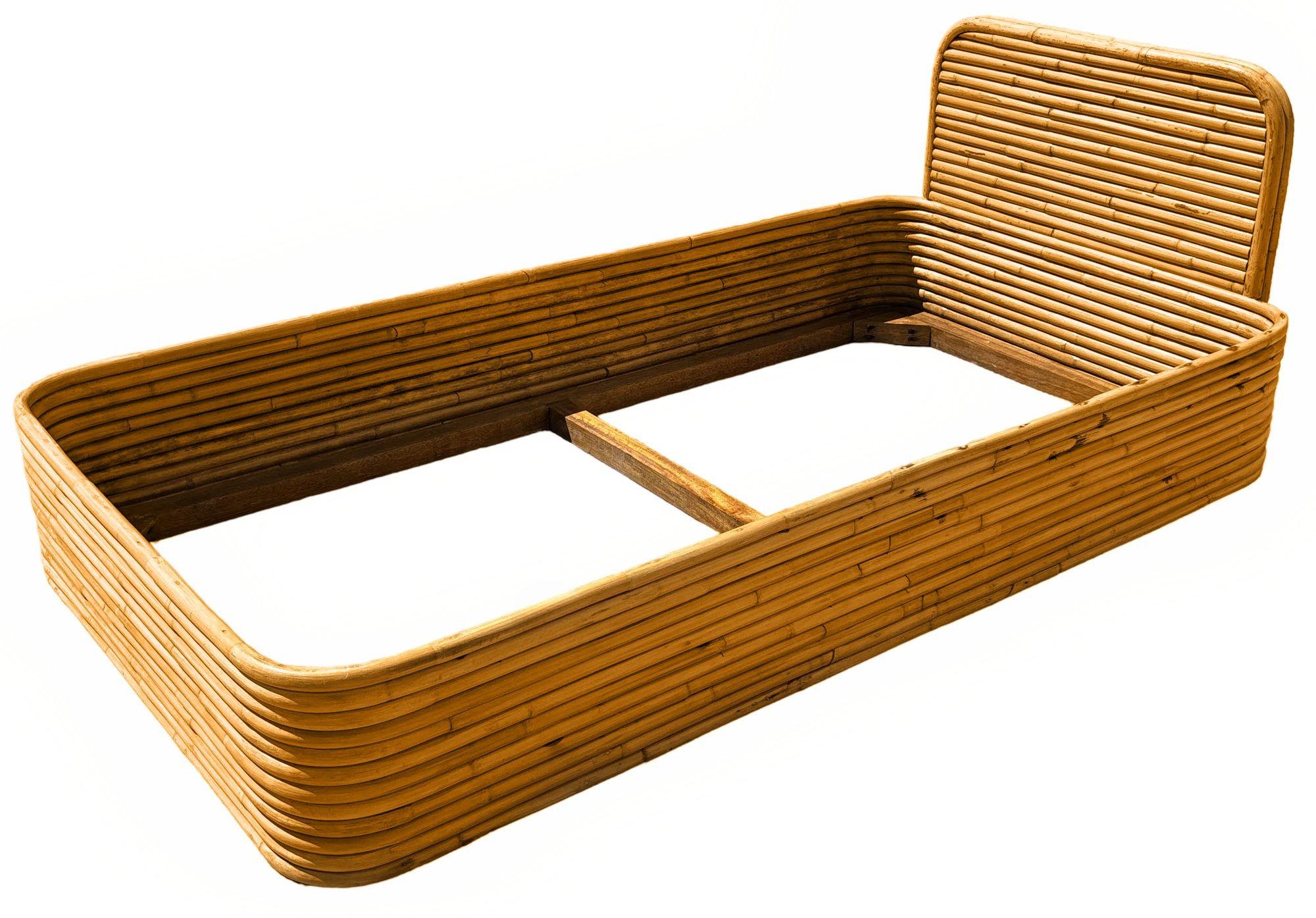 American Restored Streamline Art Deco Stacked Rattan Twin Size Bed Frame &Headboard For Sale