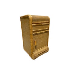 Restored Streamline Grass Mat Covered Reed Rattan Bedside Table