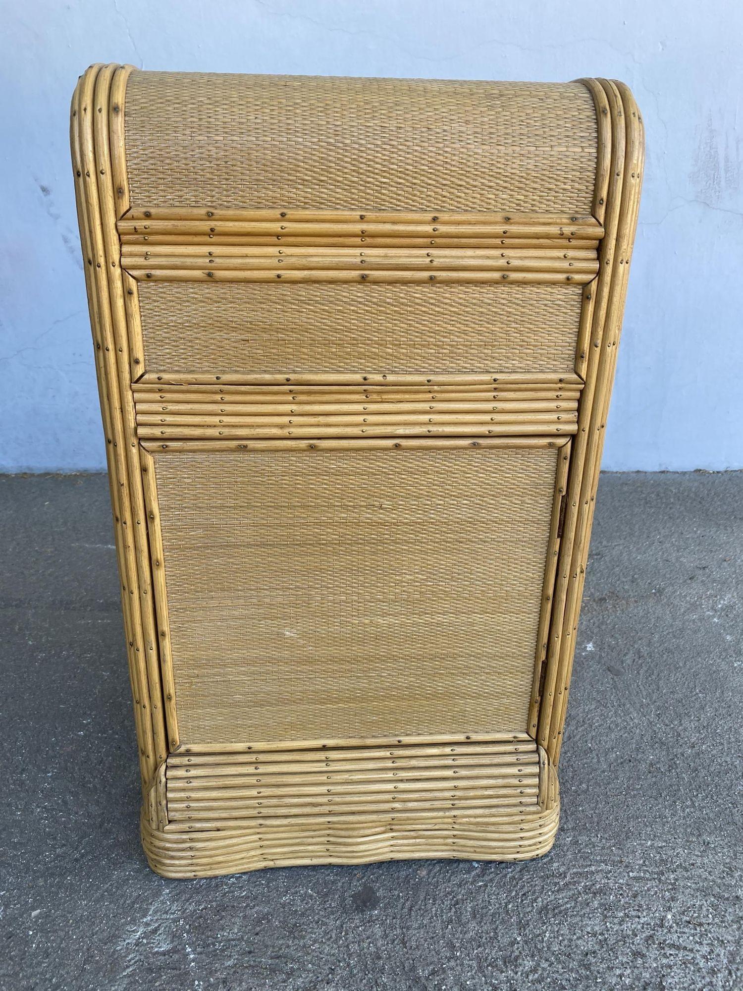 Art Deco Restored Streamline Grass Mat Covered Reed Rattan Bedside Table For Sale