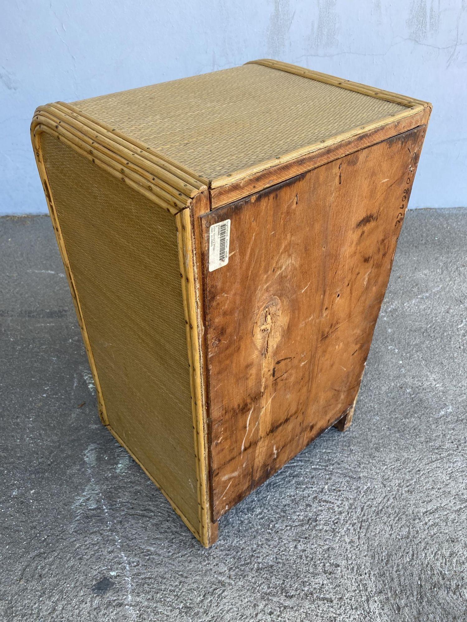 Mid-20th Century Restored Streamline Grass Mat Covered Reed Rattan Bedside Table For Sale