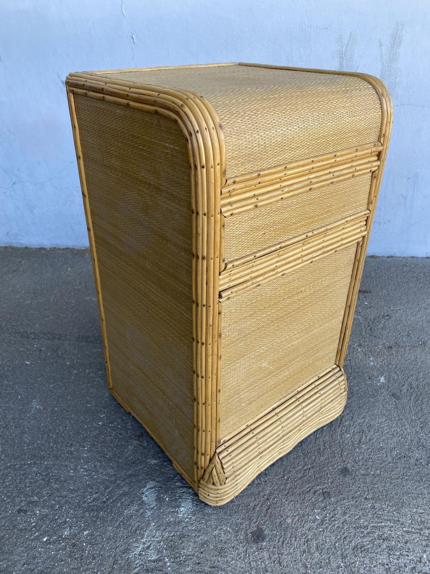Restored Streamline Grass Mat Covered Reed Rattan Bedside Table For Sale 1