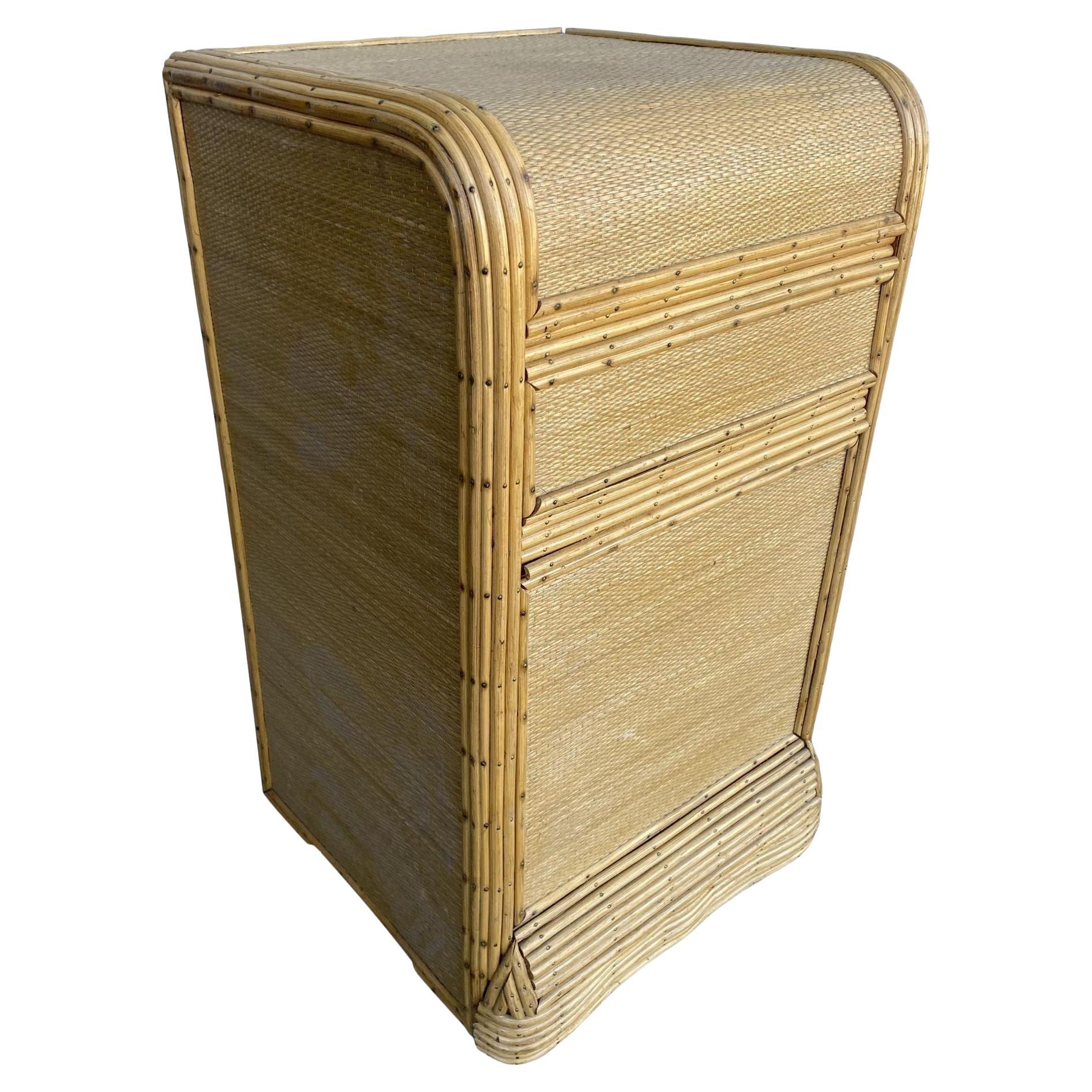 Restored Streamline Grass Mat Covered Reed Rattan Bedside Table For Sale