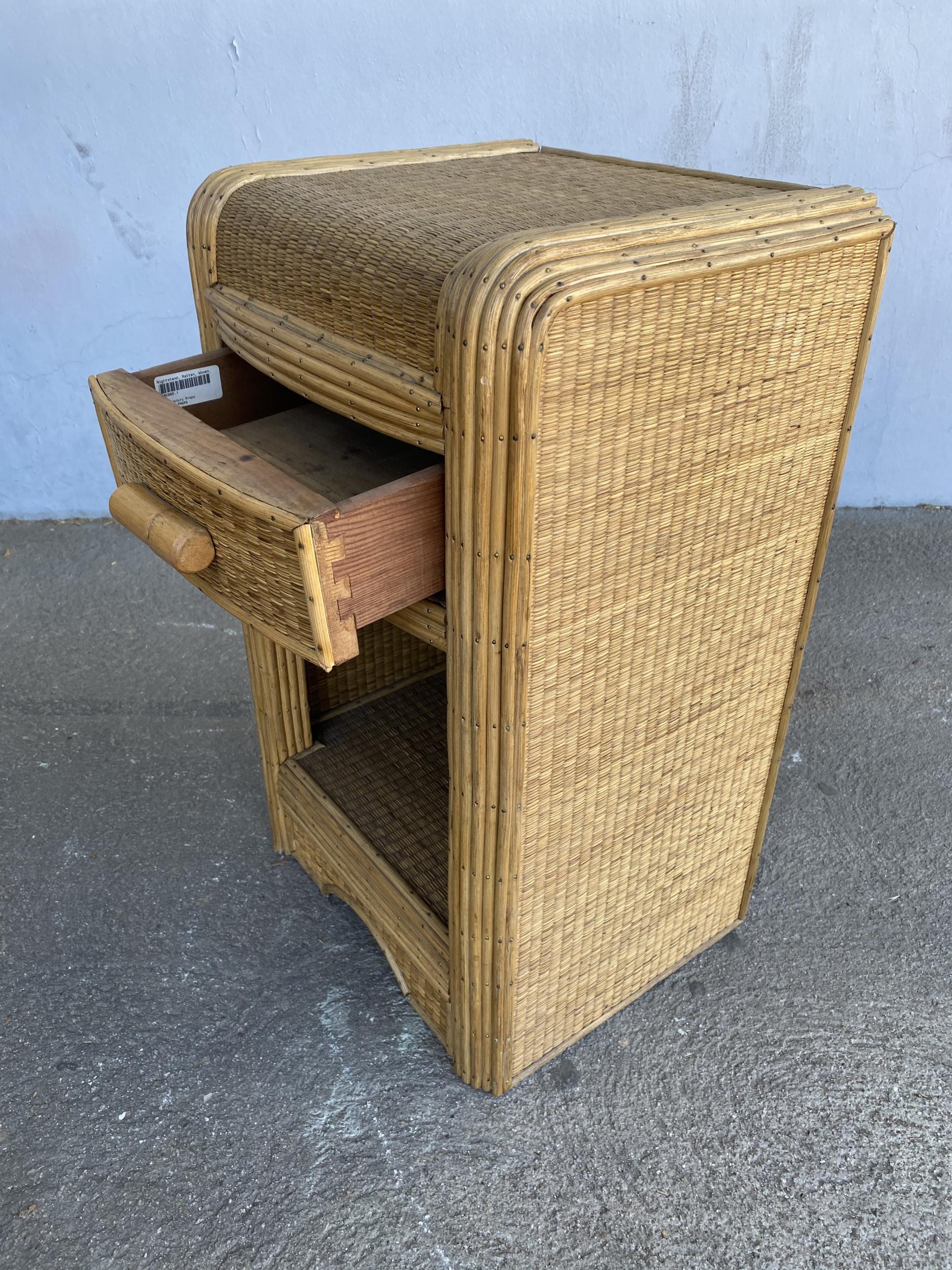 Mid-20th Century Restored Streamline Grass Mat Stick Rattan Bedside Table with