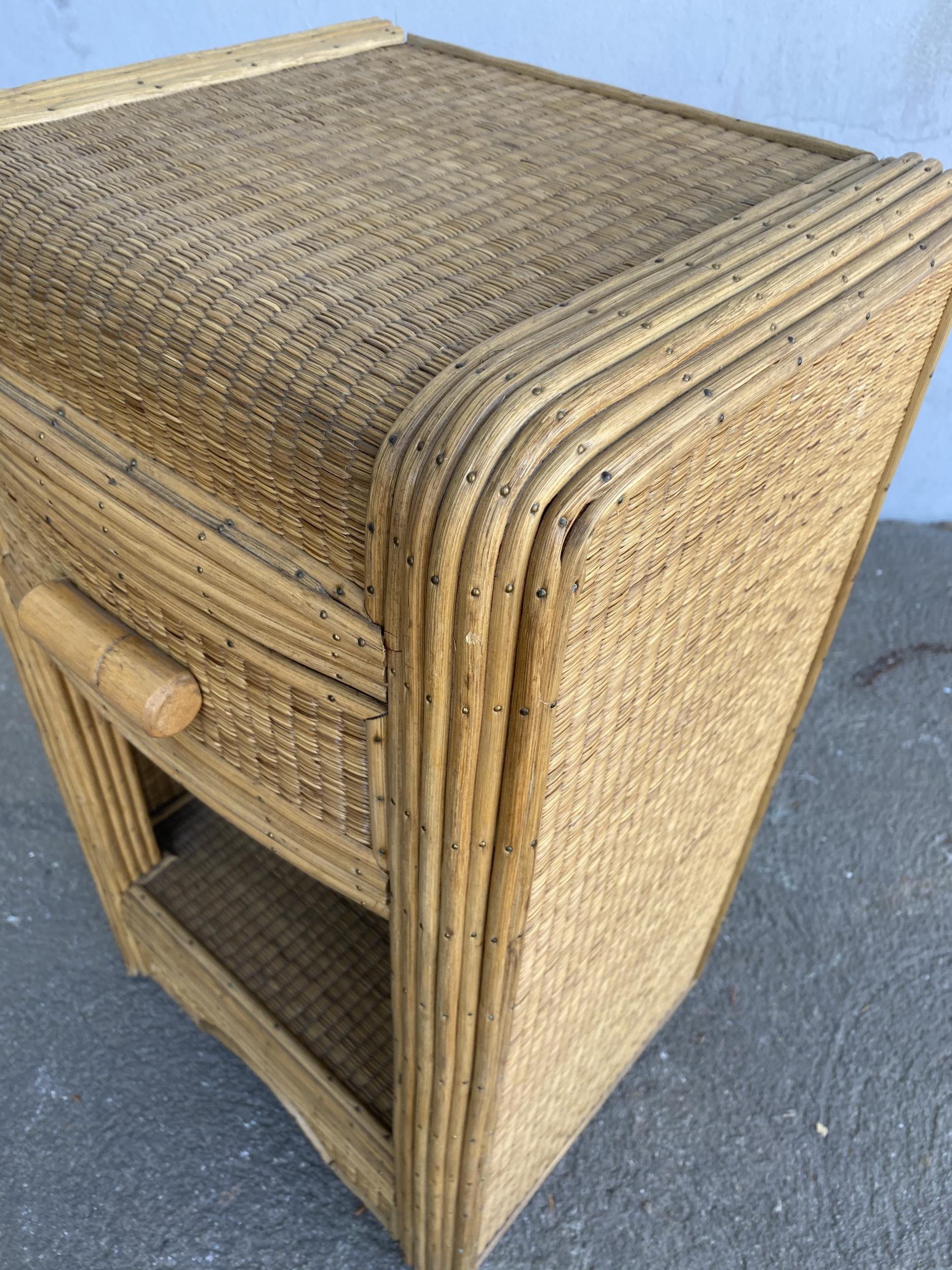 Restored Streamline Grass Mat Stick Rattan Bedside Table with 1