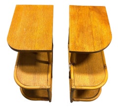 Restored Streamline Rattan & Mahogany 3-Tiered "Trio" End Table, Pair