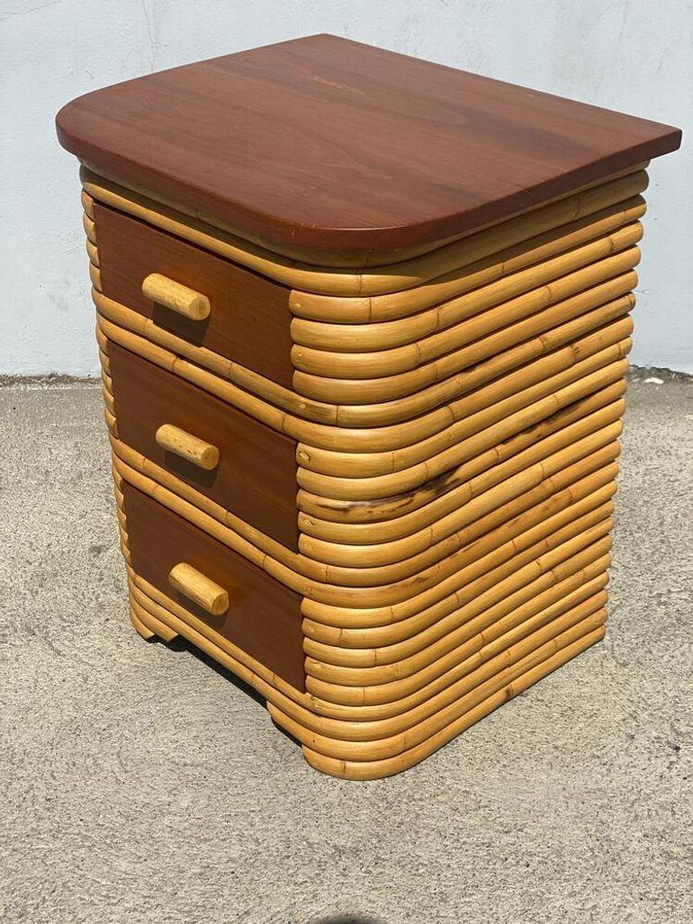 Restored Streamline Stacked Rattan Bedside Table W/ Mahogany Top, Pair of 2 For Sale 1