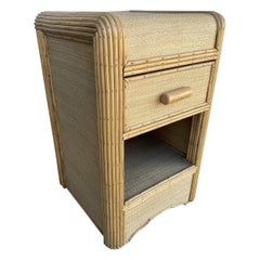 Restored Streamline Stick Rattan Bedside Table with Grass Mat Coverings