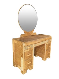 Restored Streamline Stick Rattan Vanity with Rice Coverings and Round Mirror