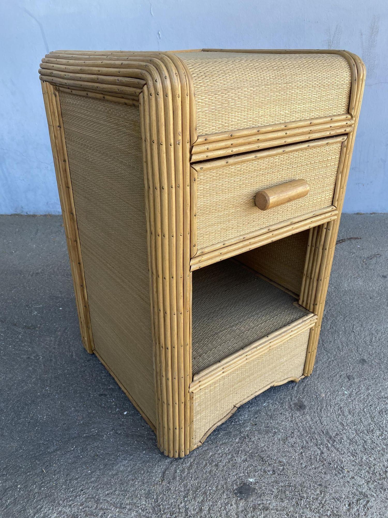 Restored Streamline Stick Reed Rattan Bedside Table W/Grass Mat Coverings For Sale 5
