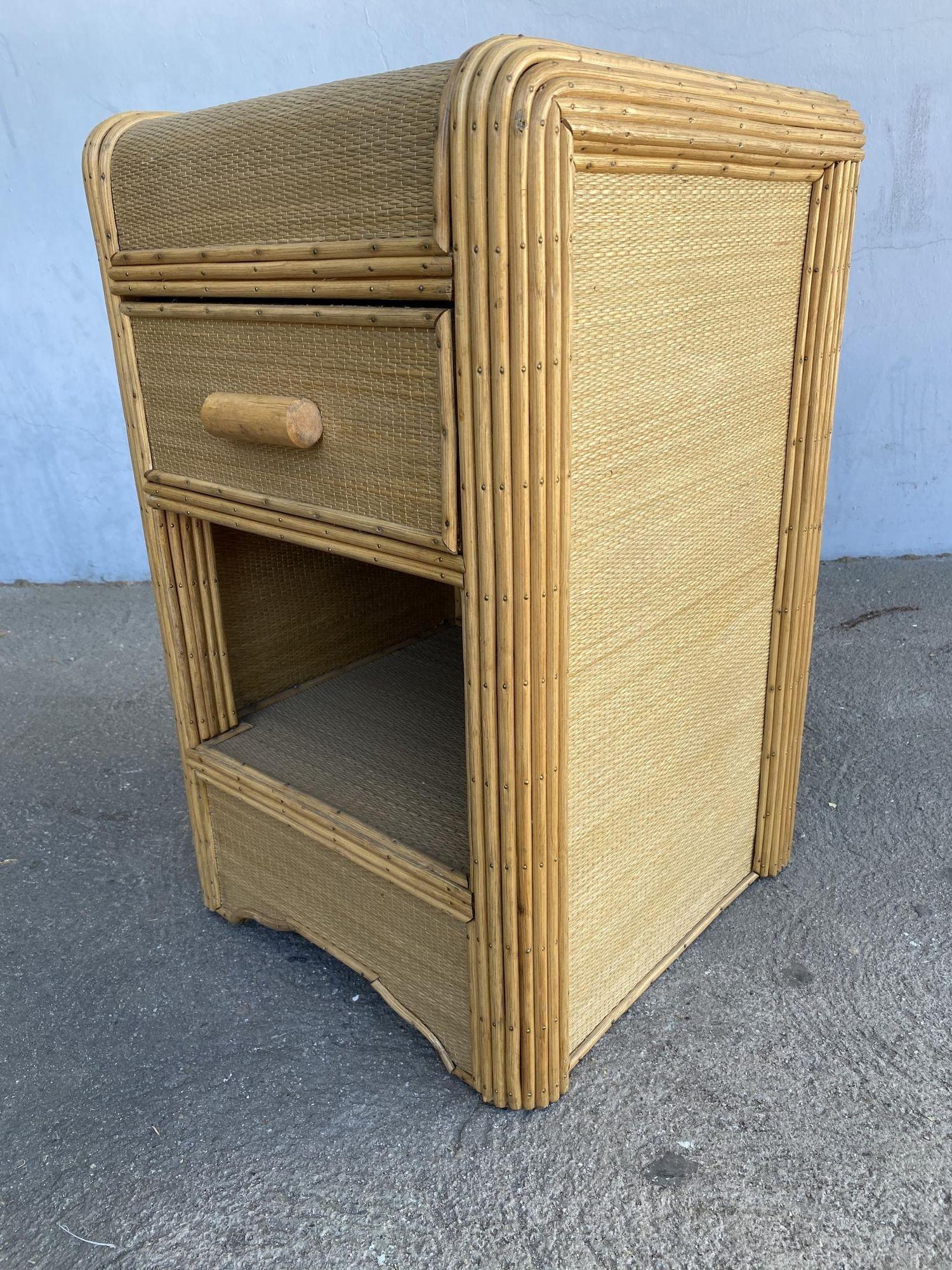 American Restored Streamline Stick Reed Rattan Bedside Table W/Grass Mat Coverings For Sale