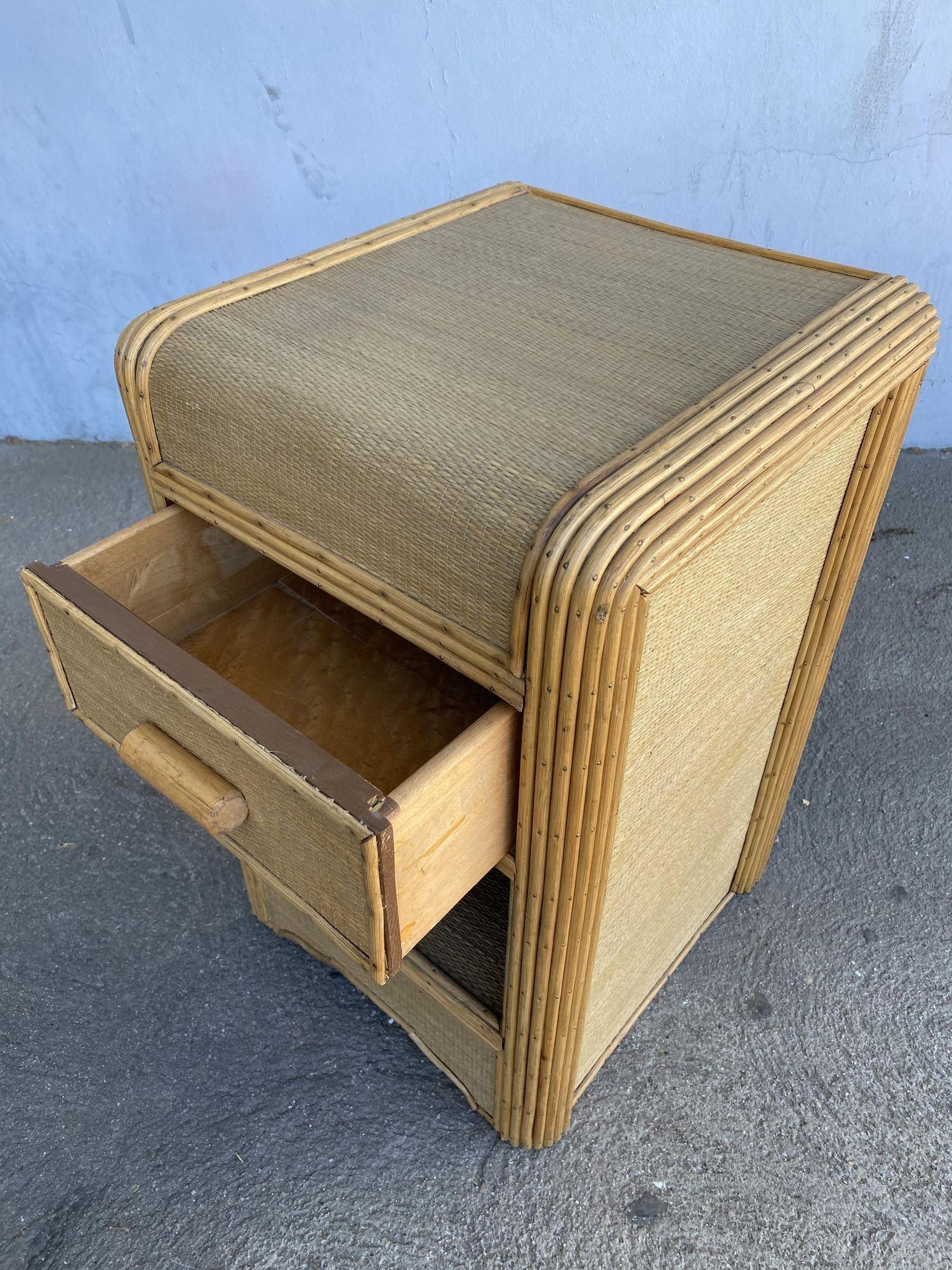 Restored Streamline Stick Reed Rattan Bedside Table W/Grass Mat Coverings In Excellent Condition For Sale In Van Nuys, CA