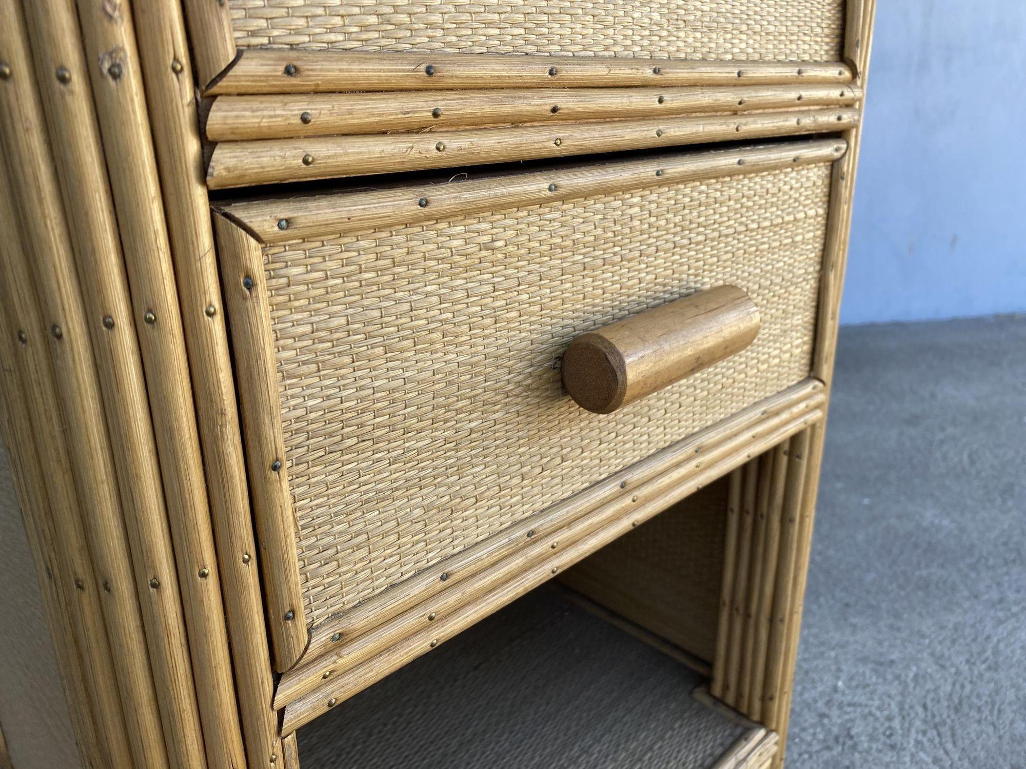 Restored Streamline Stick Reed Rattan Bedside Table W/Grass Mat Coverings For Sale 2