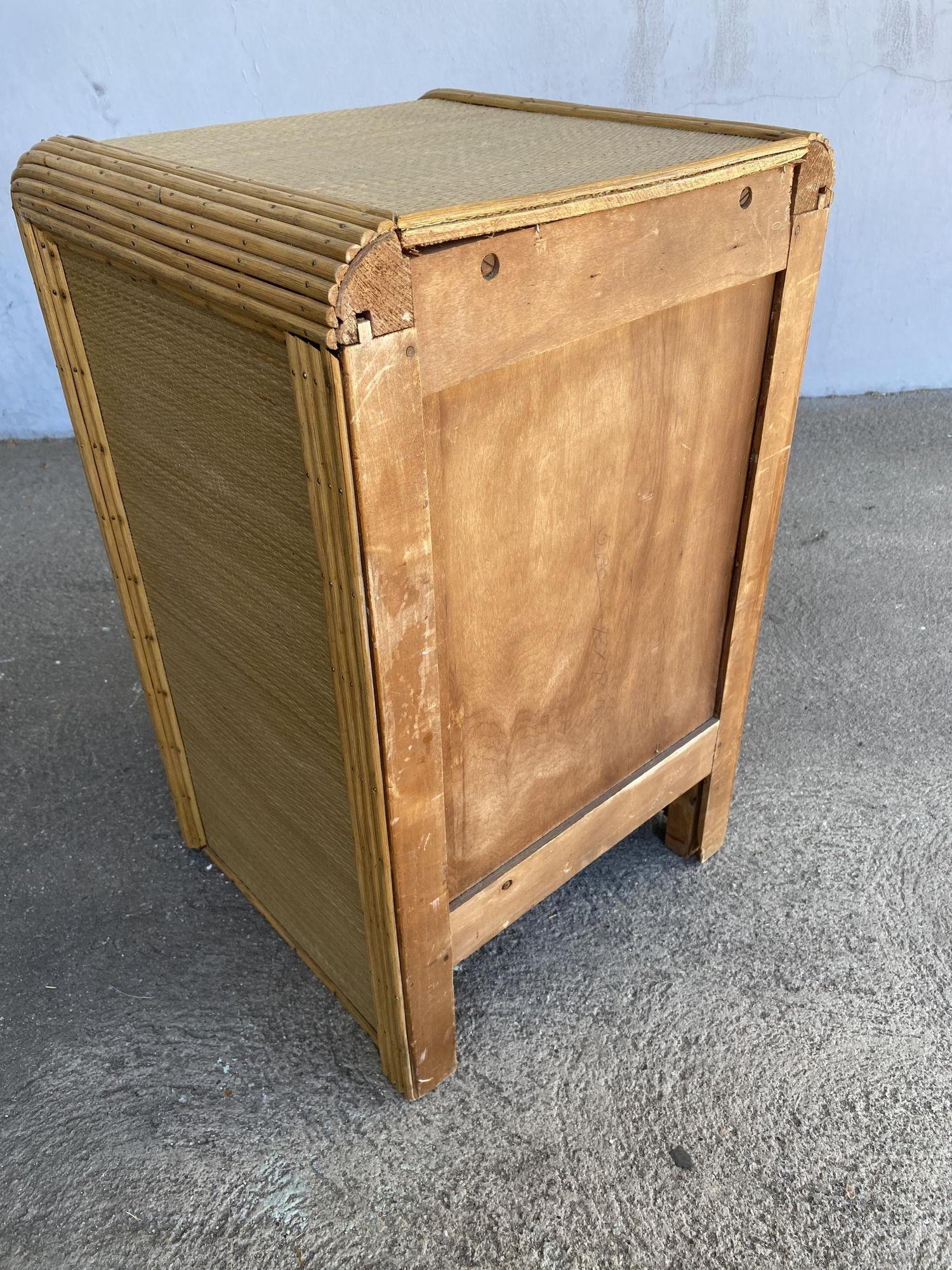 Restored Streamline Stick Reed Rattan Bedside Table W/Grass Mat Coverings For Sale 4