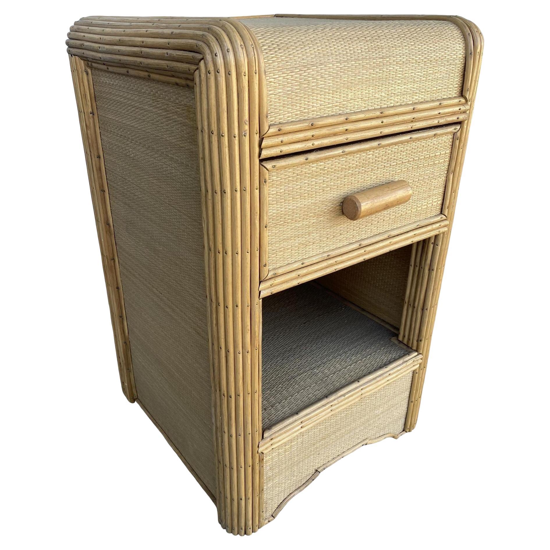 Restored Streamline Stick Reed Rattan Bedside Table W/Grass Mat Coverings For Sale