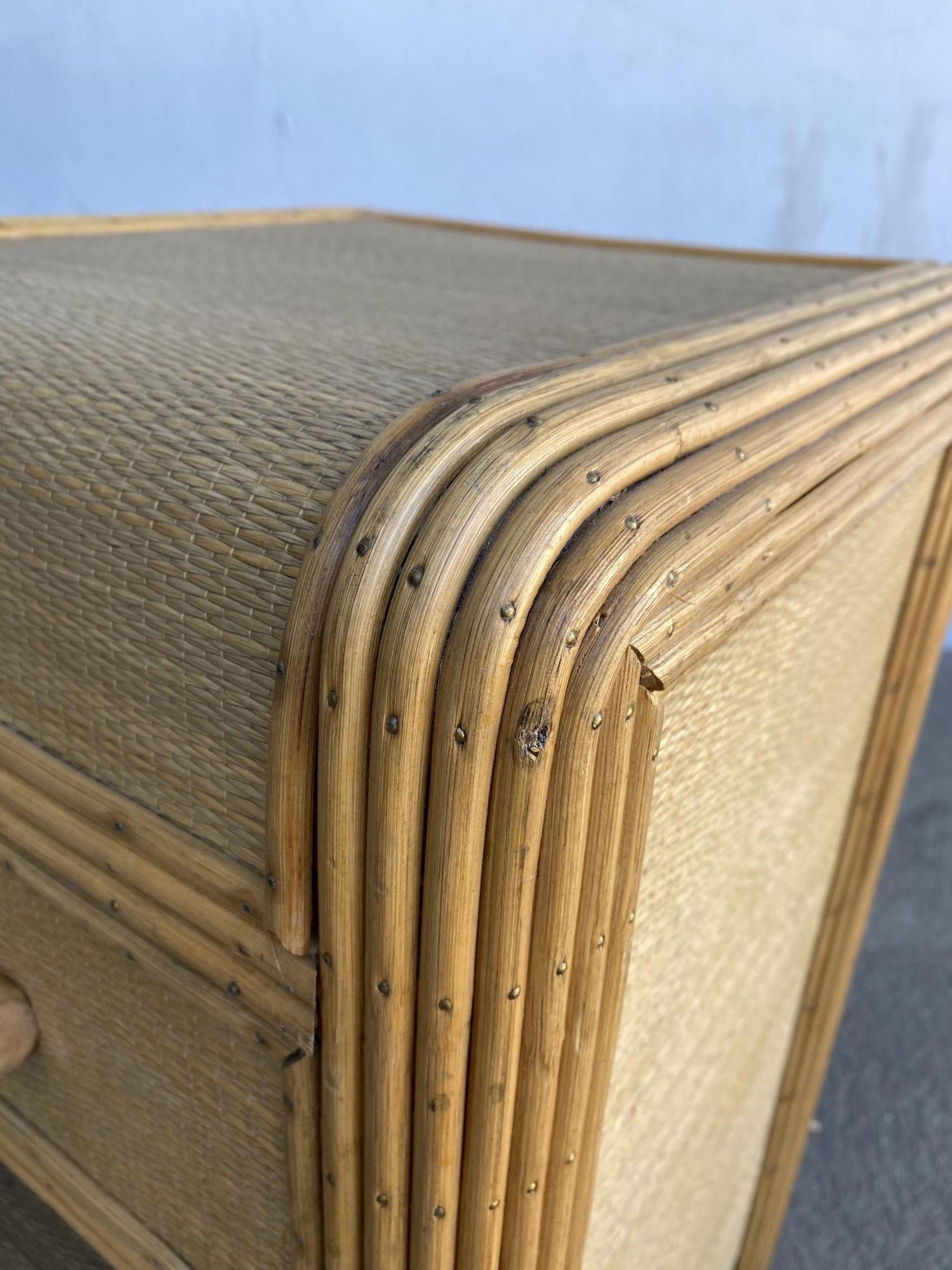 Restored Streamline Stick Reed Rattan Side Table with Grass Mat Coverings For Sale 5