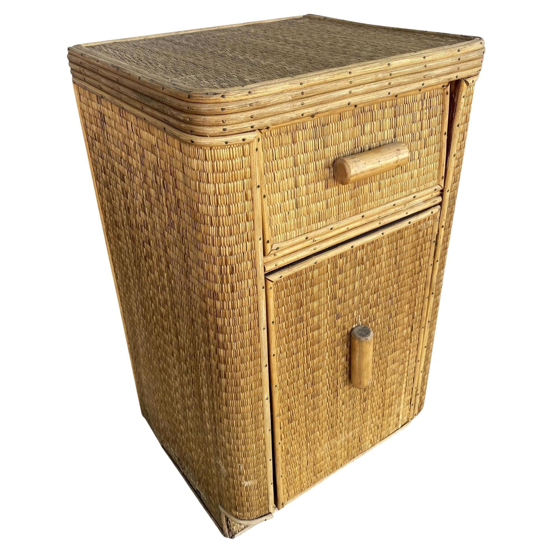 Restored Streamline Stick Reed Rattan Side Table with Grass Mat Coverings