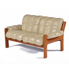 Restored Stressless Ekornes Montana Solid Teak Loveseat in Ivory Leather