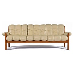 Restored Stressless Ekornes Montana Solid Teak Sofa in Ivory Leather