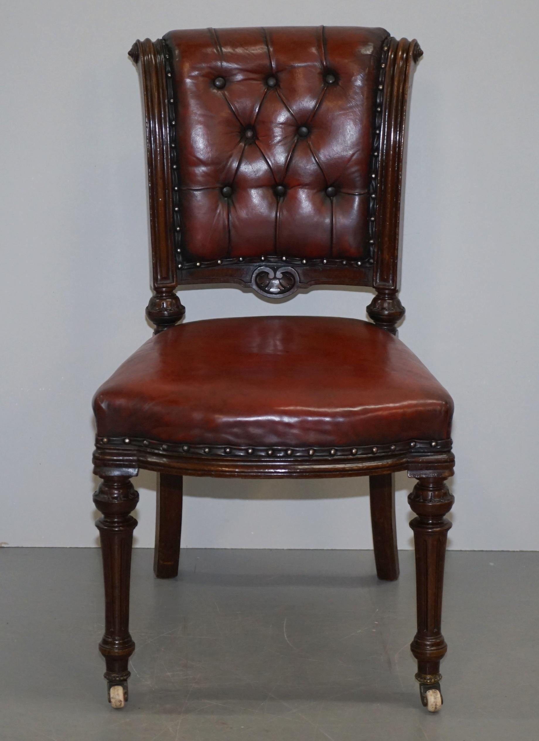 Restored Suite of Six Antque Victorian Chesterfield Brown Leather Dining Chairs 6