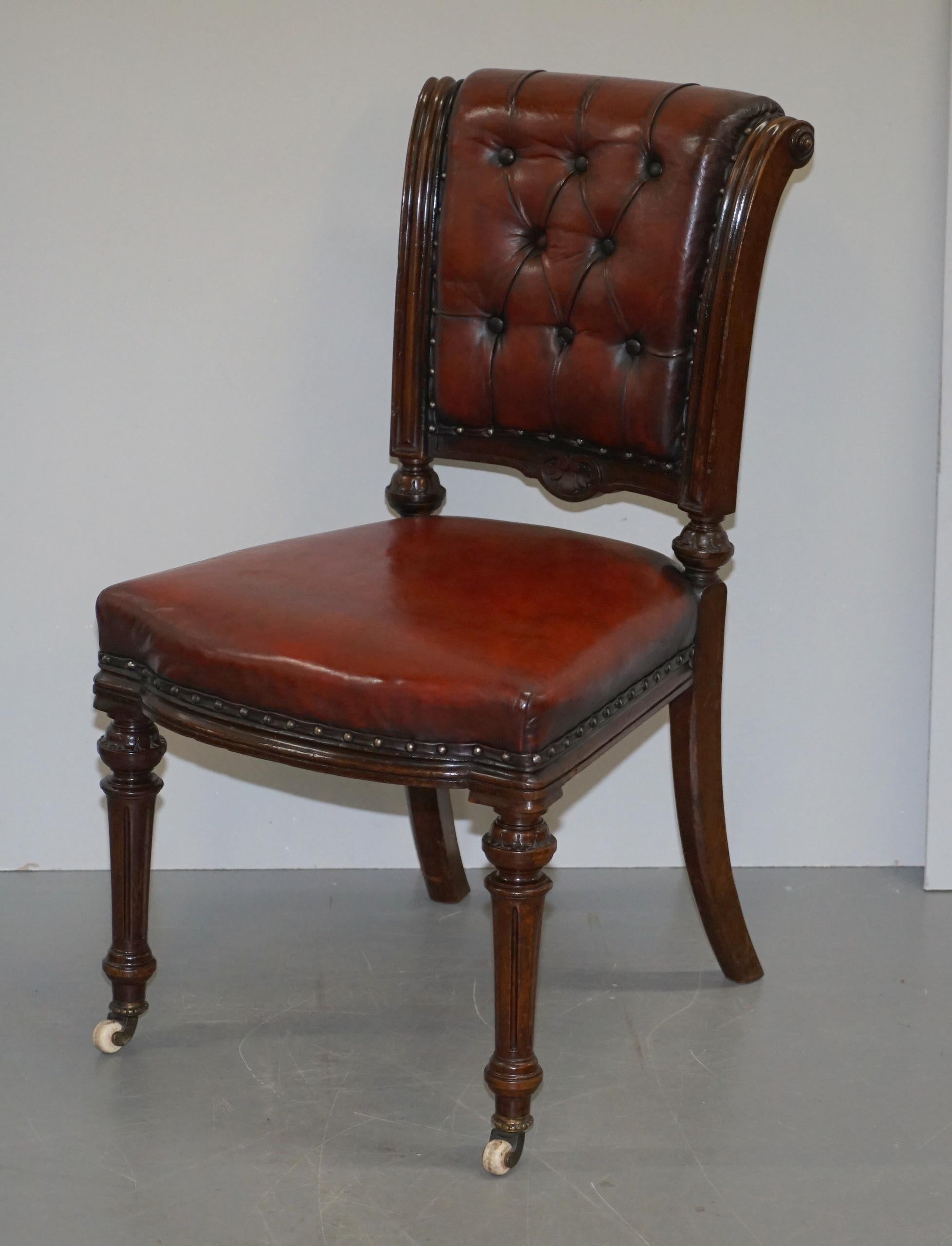 Restored Suite of Six Antque Victorian Chesterfield Brown Leather Dining Chairs 7
