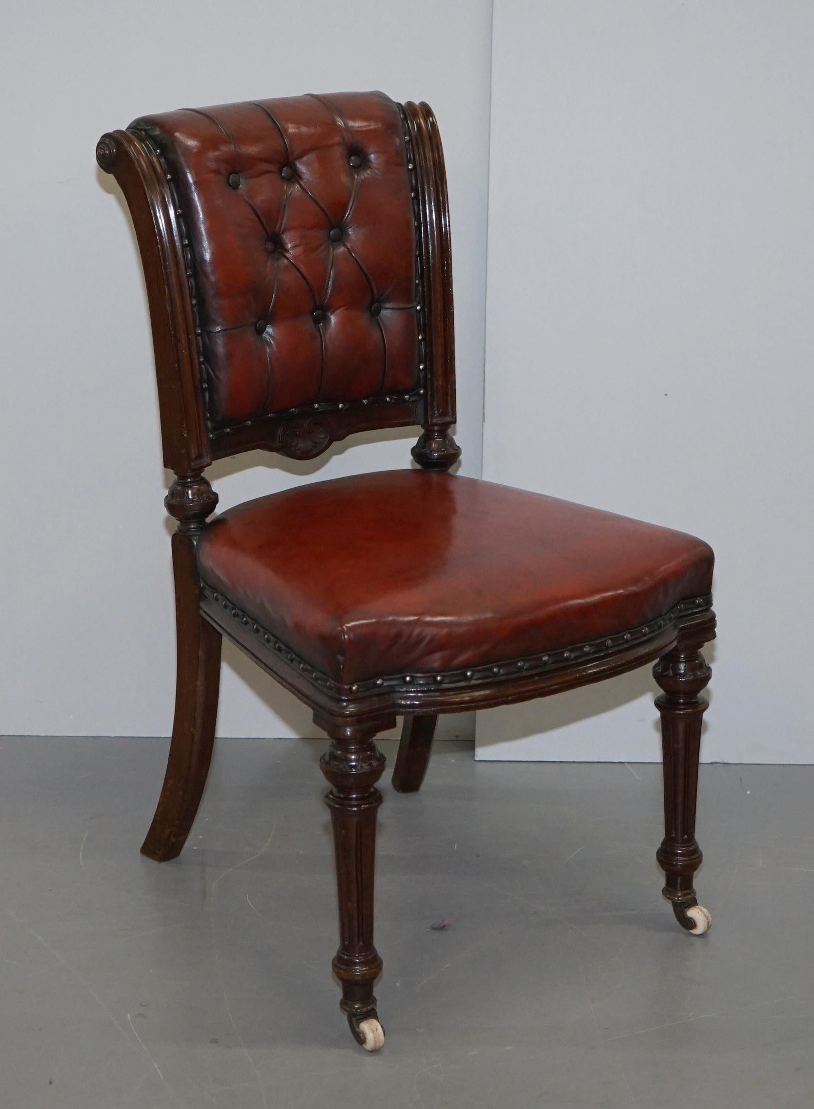 We are delighted to offer for sale this very rare suite of six fully restored Victorian Chesterfield conker brown leather dining chairs

These are a very important and substantial set of chairs, they have been fully restored to include:- all the