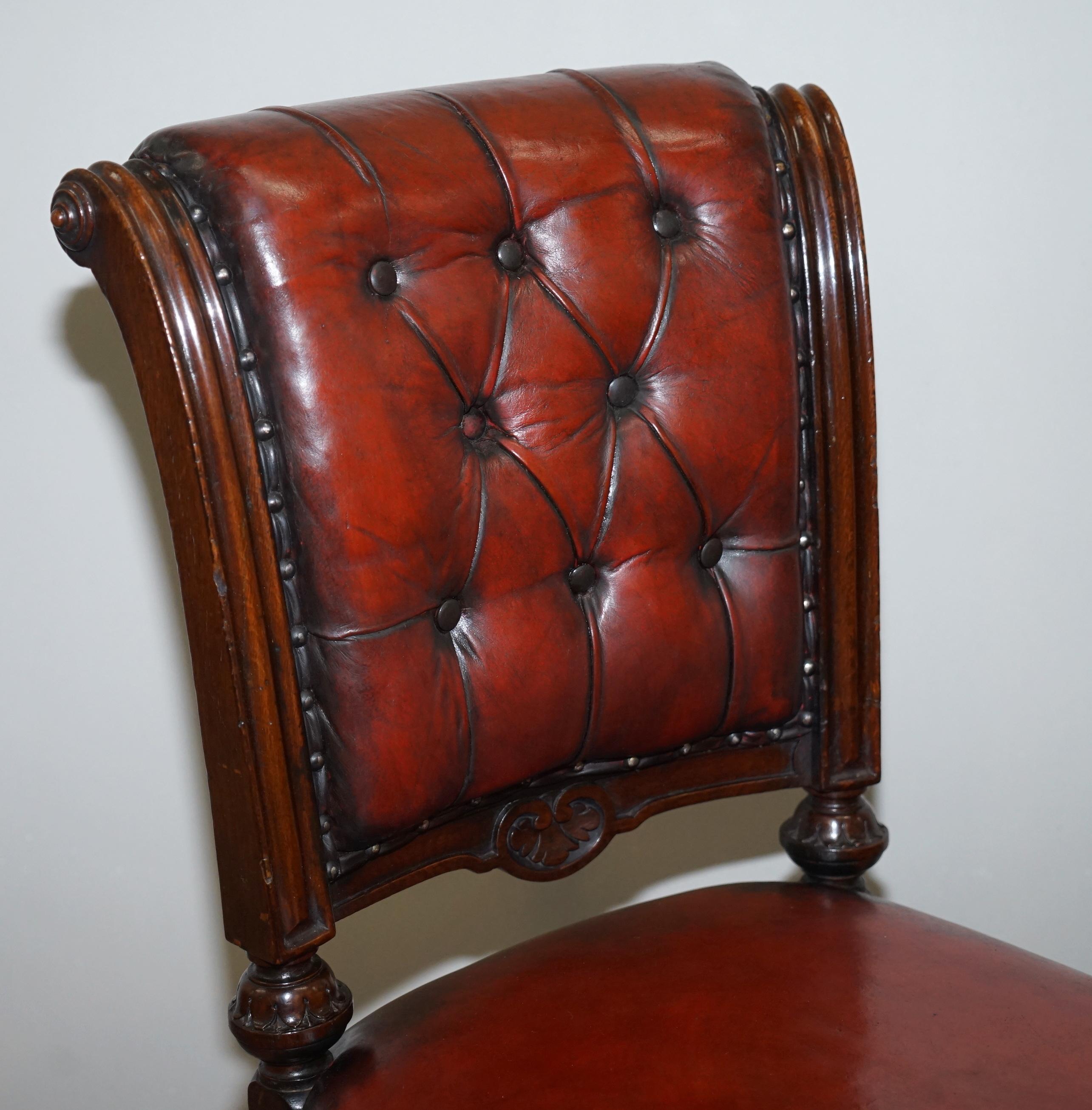 English Restored Suite of Six Antque Victorian Chesterfield Brown Leather Dining Chairs