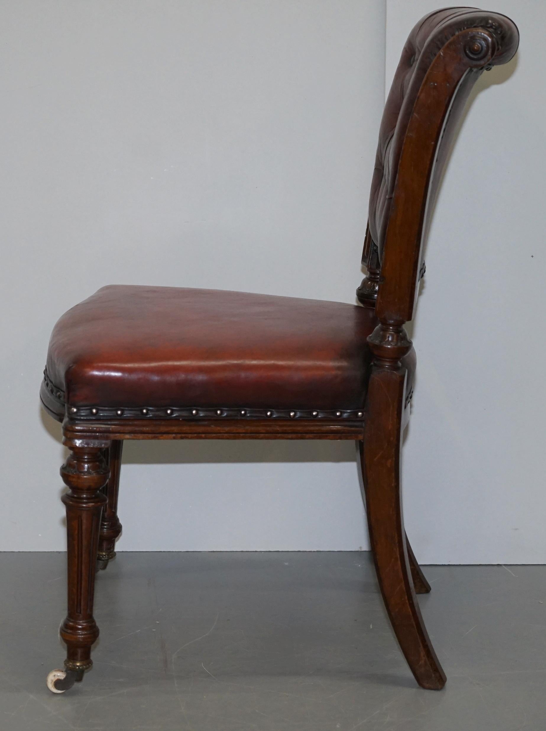 Restored Suite of Six Antque Victorian Chesterfield Brown Leather Dining Chairs 2