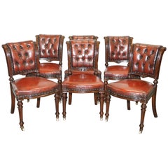 Restored Suite of Six Antque Victorian Chesterfield Brown Leather Dining Chairs