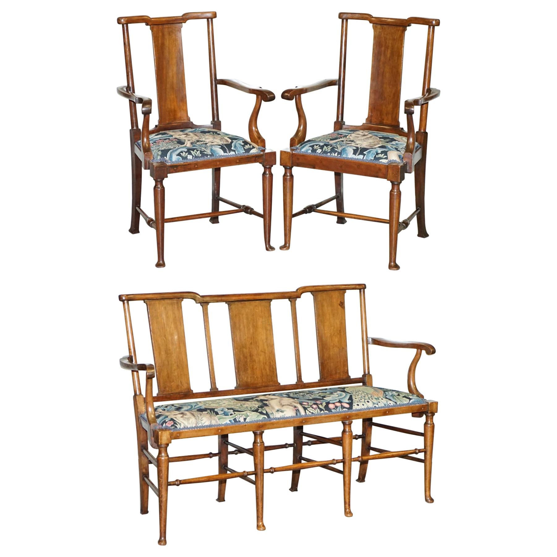 Restored Suite of William Morris Richard Norman Shaw Tabard Bench & Armchairs For Sale
