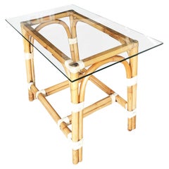 Restored "Swoop Arch" Rattan Side Table With Glass Top