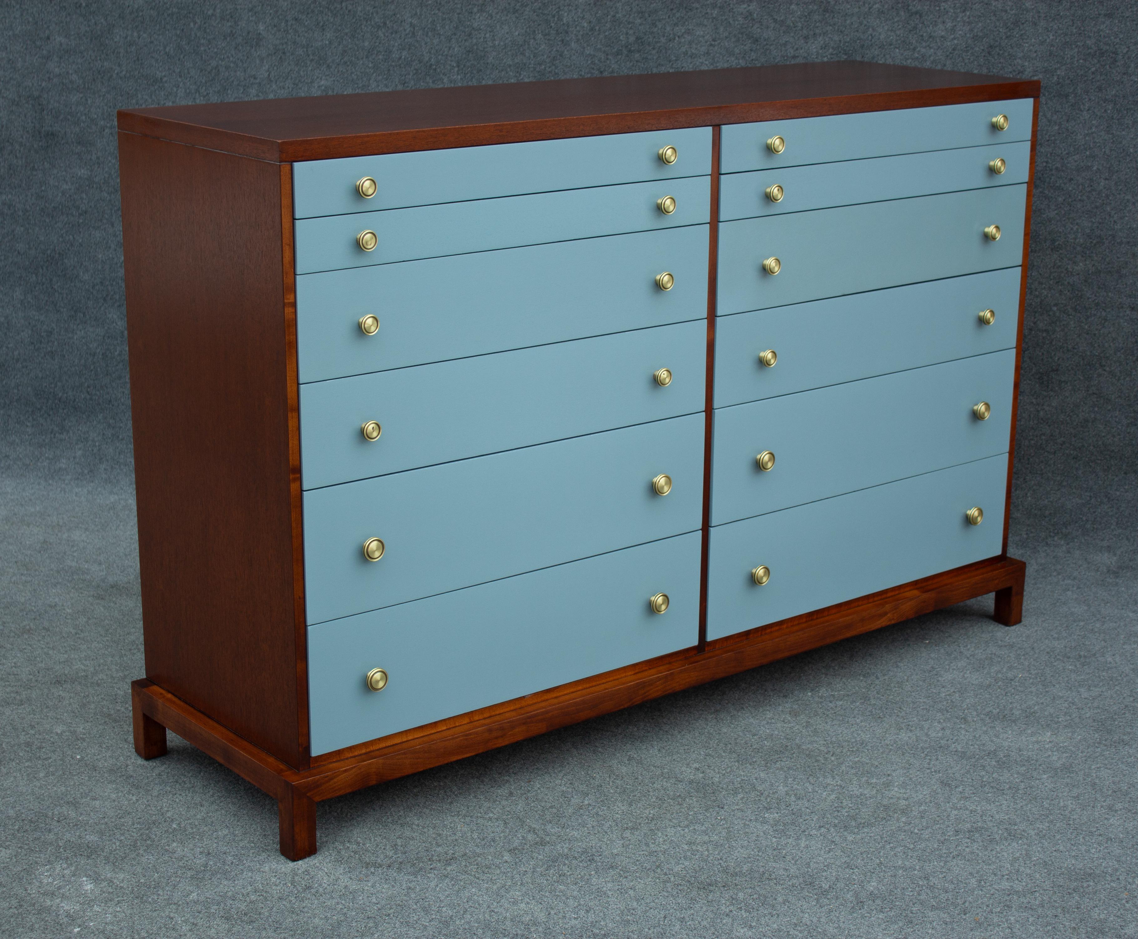 American Restored T. H. Robsjohn-Gibbings for Widdicomb 12-Drawer Dresser Blue/Mahogany For Sale