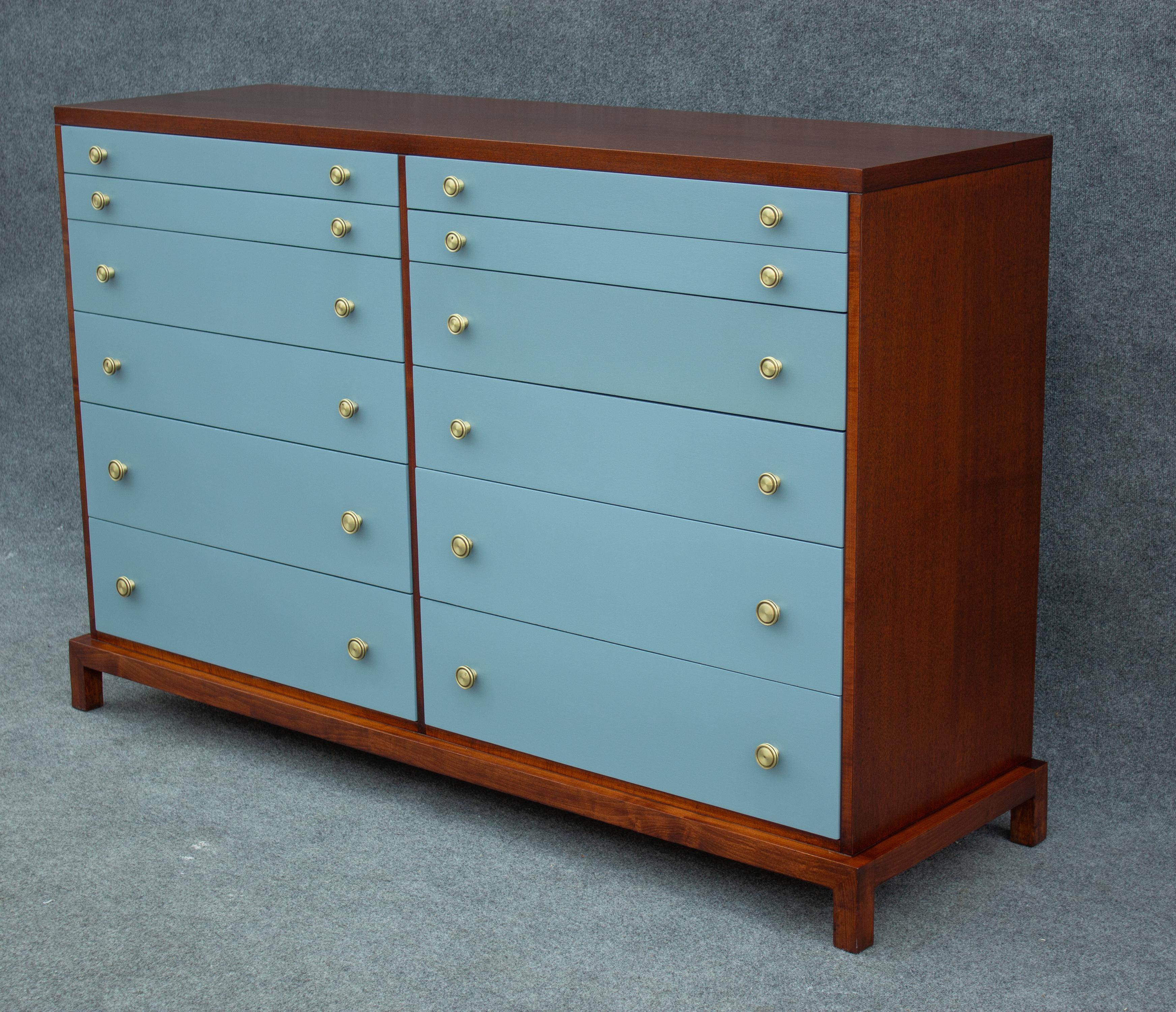 Restored T. H. Robsjohn-Gibbings for Widdicomb 12-Drawer Dresser Blue/Mahogany In Good Condition For Sale In Philadelphia, PA