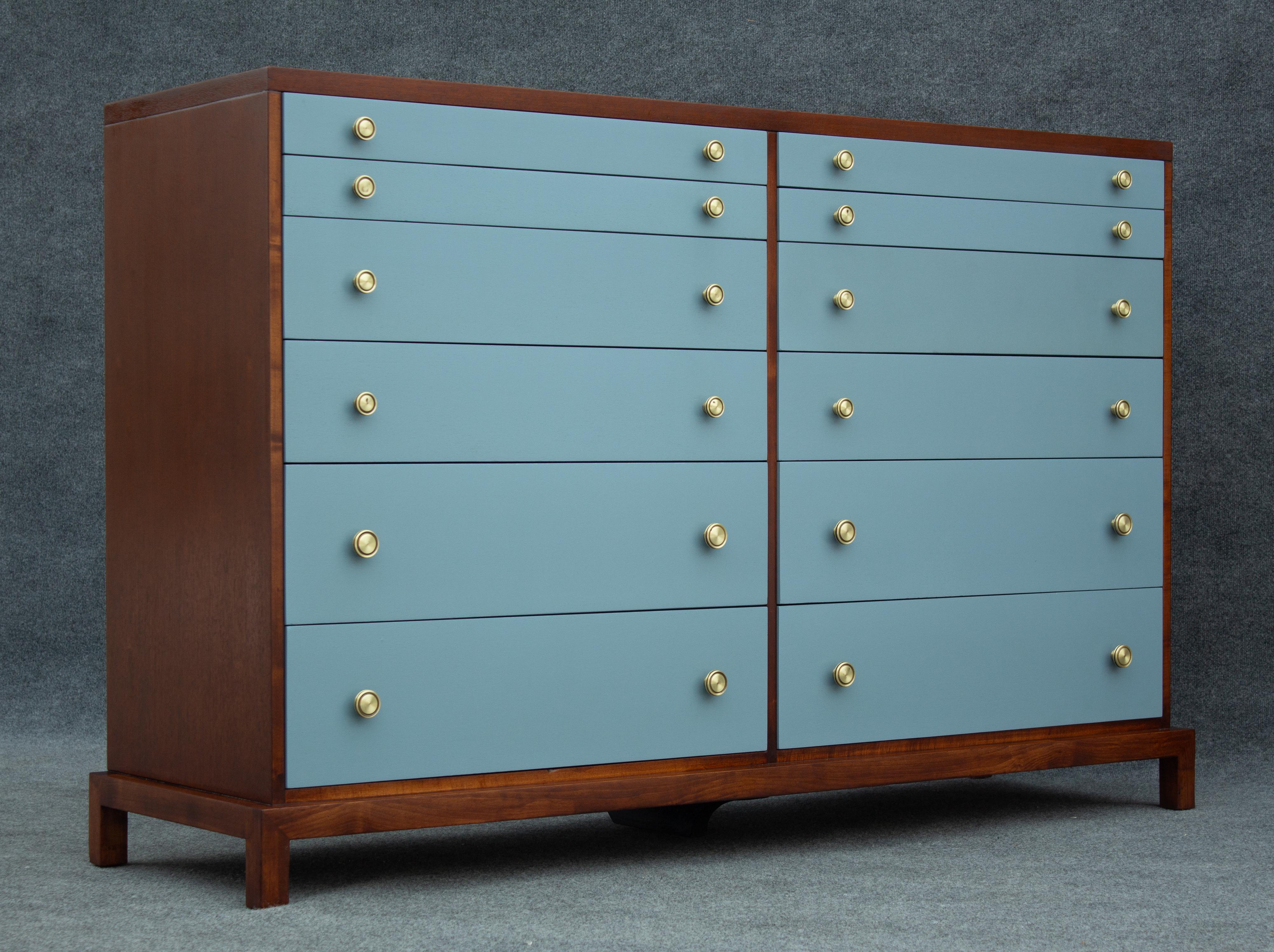 Brass Restored T. H. Robsjohn-Gibbings for Widdicomb 12-Drawer Dresser Blue/Mahogany For Sale