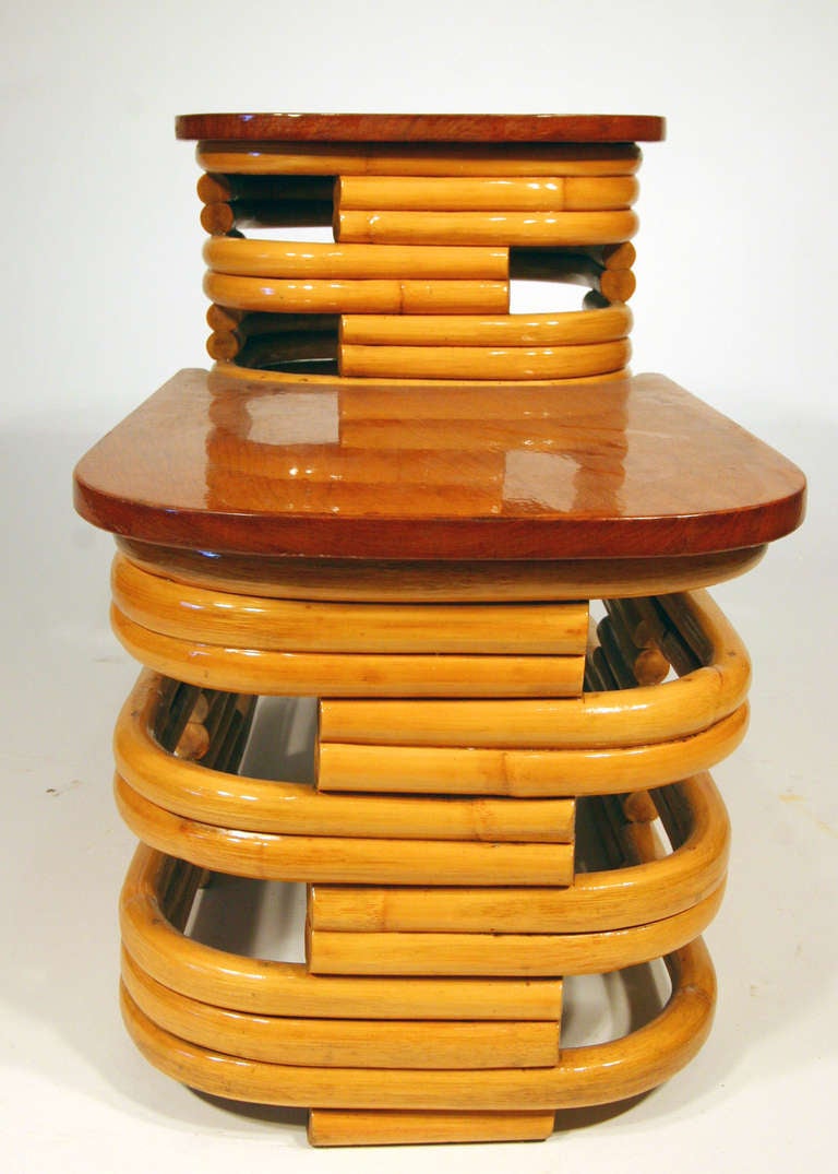 American Restored Table Side, Stacked Rattan Two-Tier with Mahogany Top For Sale