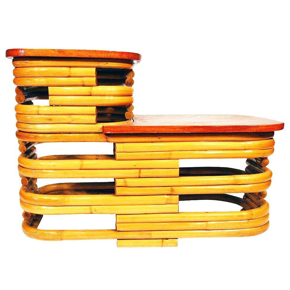 Restored MCM Stacked Rattan Two-Tier Side Table w/ Mahogany Top, 2 Available In Excellent Condition For Sale In Van Nuys, CA