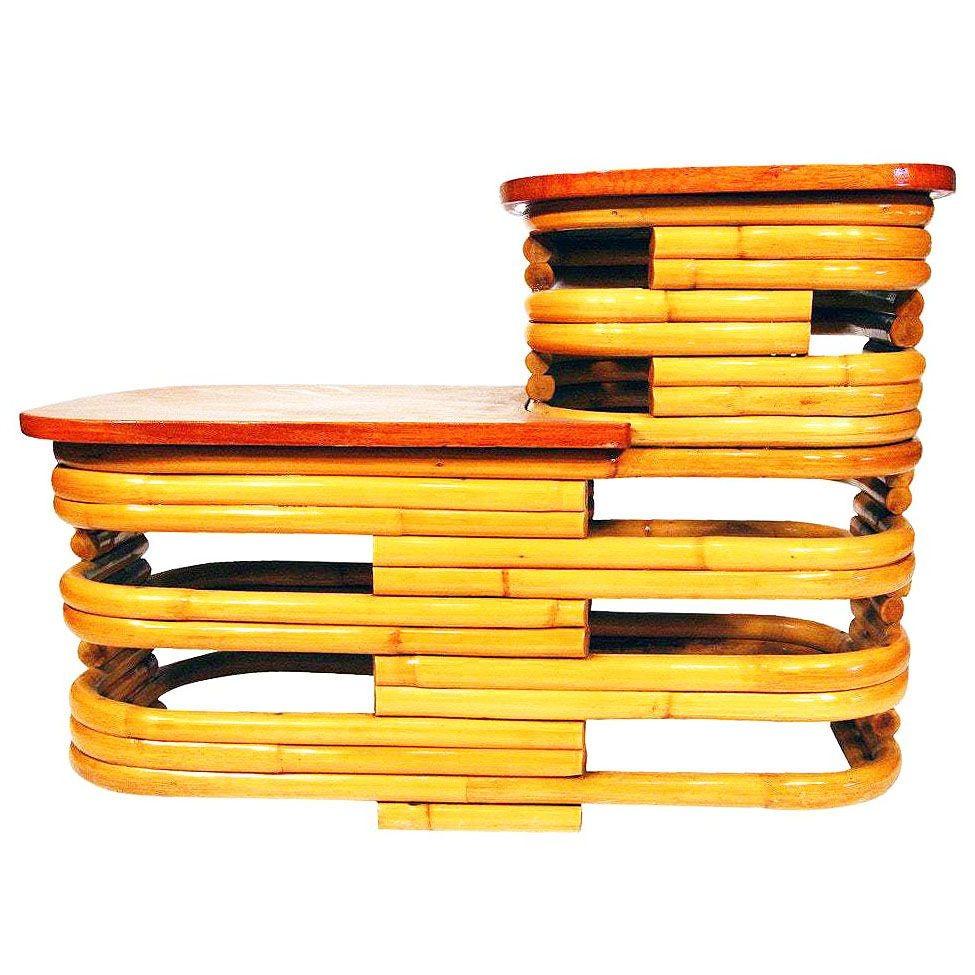 Mid-20th Century Restored MCM Stacked Rattan Two-Tier Side Table w/ Mahogany Top, 2 Available For Sale