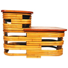 Restored Table Side, Stacked Rattan Two-Tier with Mahogany Top