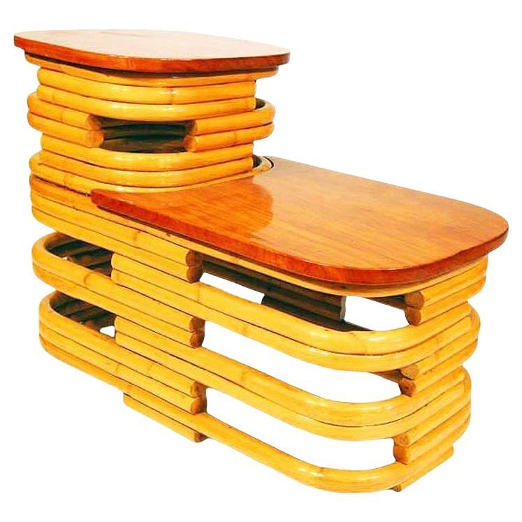 Restored MCM Stacked Rattan Two-Tier Side Table w/ Mahogany Top, 2 Available For Sale