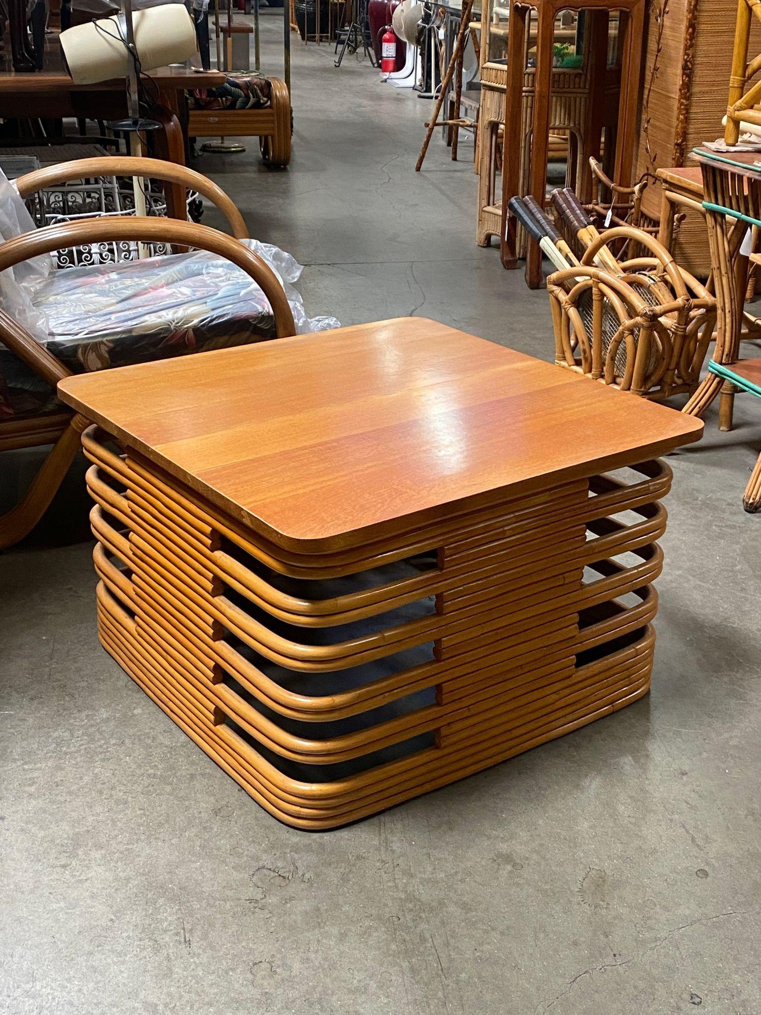 Restored Tall Stacked Rattan Coffee Table with Mahogany Top In Excellent Condition For Sale In Van Nuys, CA